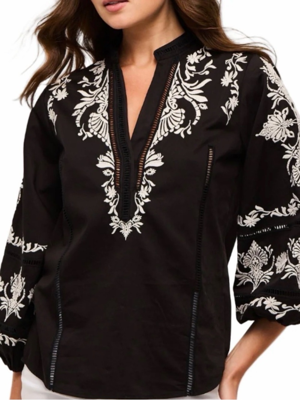 NWT Figue Rylie Embroidered Mock Neck 3/4 Sleeve Bohemian Black Top Sz XS